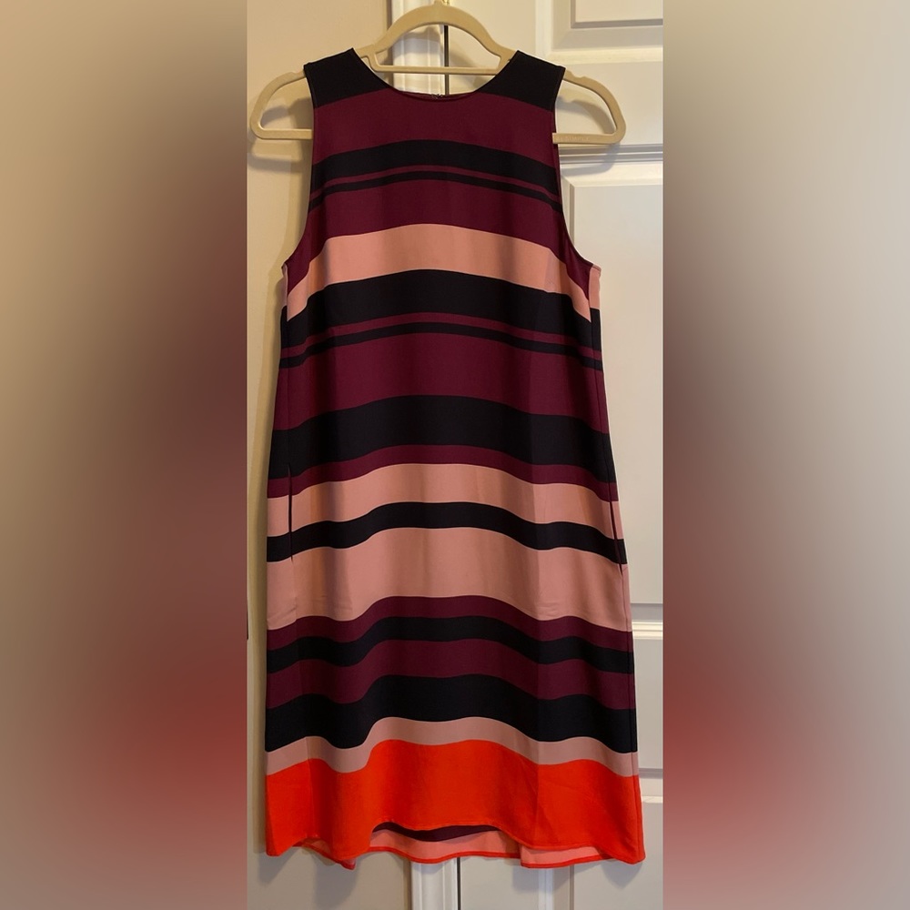 Ann Taylor multicolor sleeveless striped swing dress.